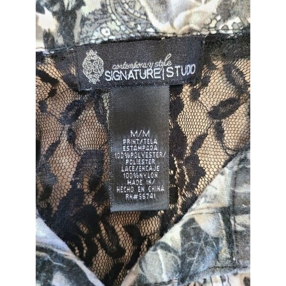 Signature Studio Rose Print Top Medium Black White Lace Long Sleeve Blouse - Picture 4 of 7